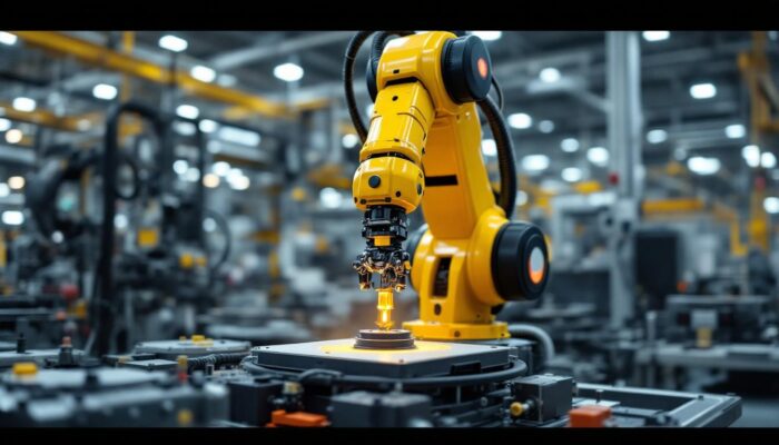 A photograph of a dynamic industrial setting showcasing an advanced robotic arm in action