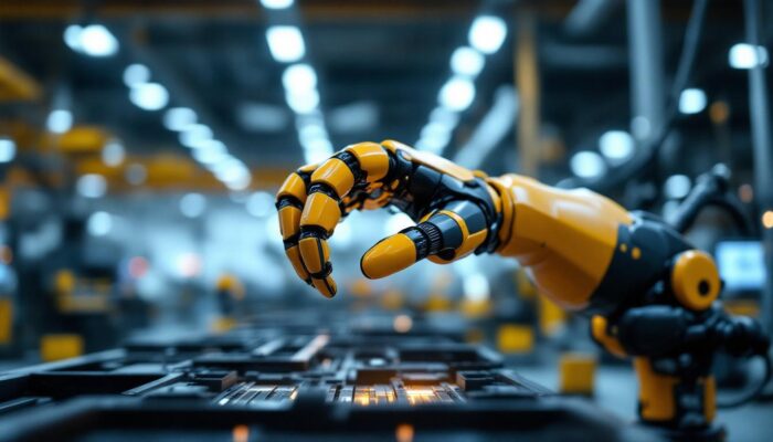 A photograph of a sleek industrial robotic hand in action