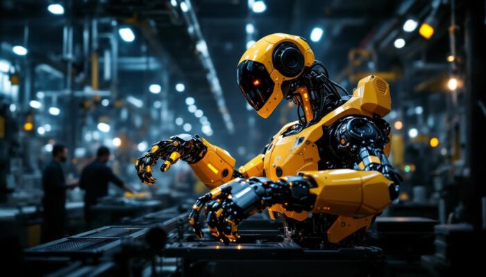A photograph of a high-tech industrial robot in action within a manufacturing environment