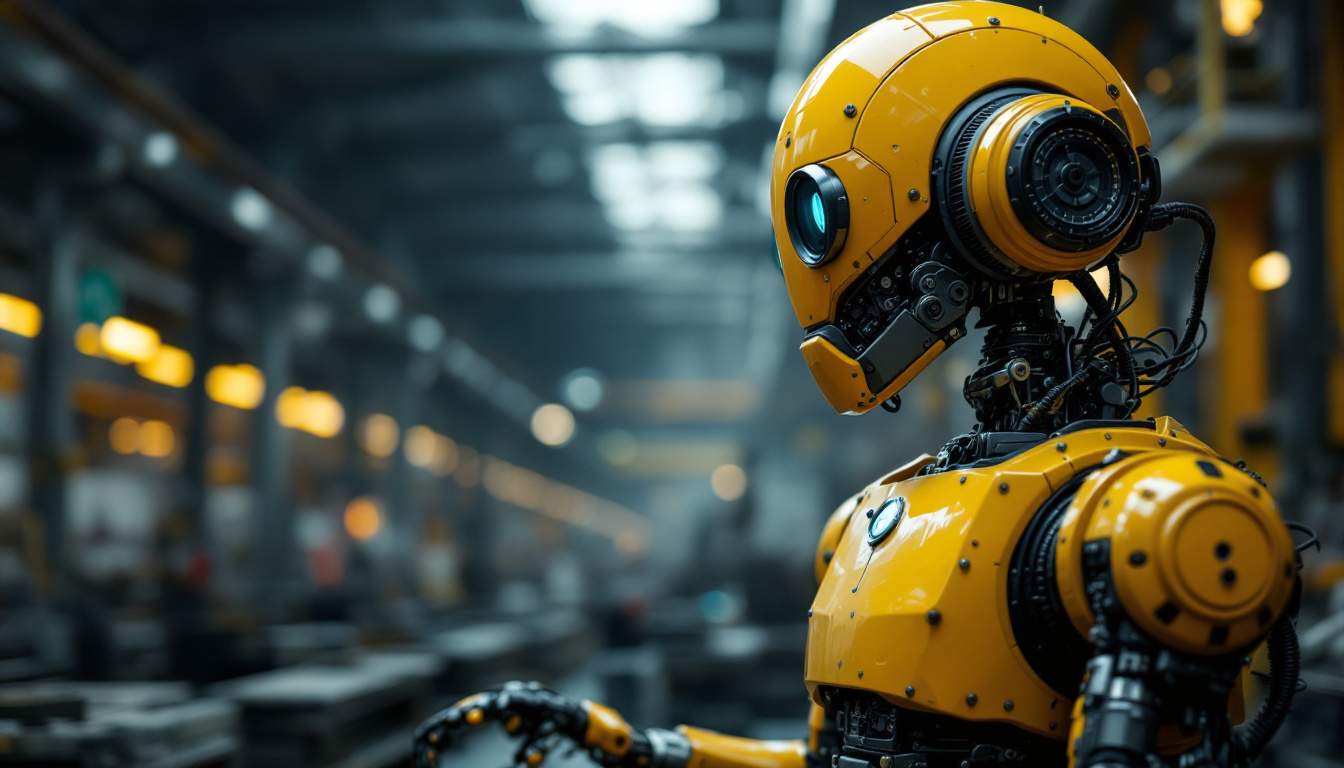A photograph of a vintage industrial robot in a factory setting