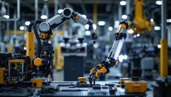 A photograph of a modern industrial robot in action within a manufacturing environment
