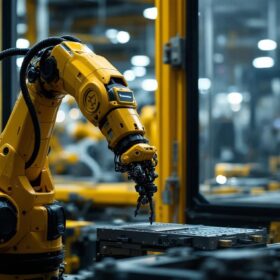 A photograph of capture a photograph of a kawasaki industrial robot in action on a factory floor