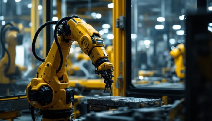 A photograph of capture a photograph of a kawasaki industrial robot in action on a factory floor