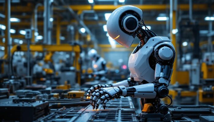 A photograph of a modern industrial robot in action on a factory floor