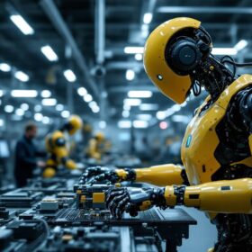 A photograph of a modern industrial robot in action on a factory floor