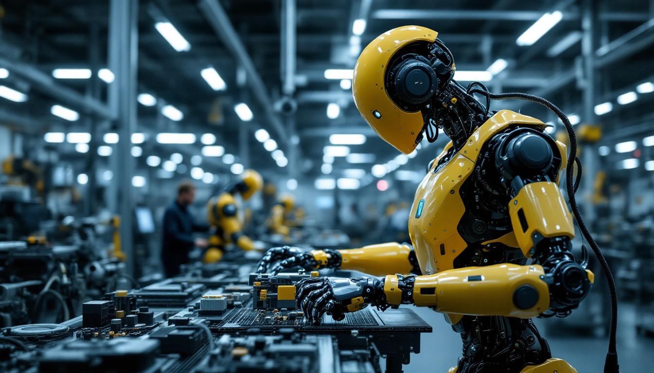 A photograph of a modern industrial robot in action on a factory floor