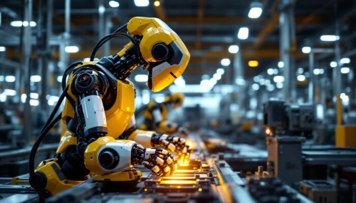 A photograph of a modern industrial robot in action on a factory floor