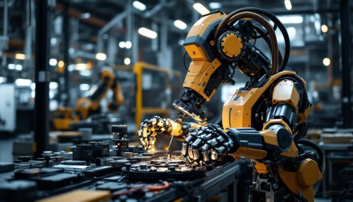 A photograph of a modern assembly robot in action