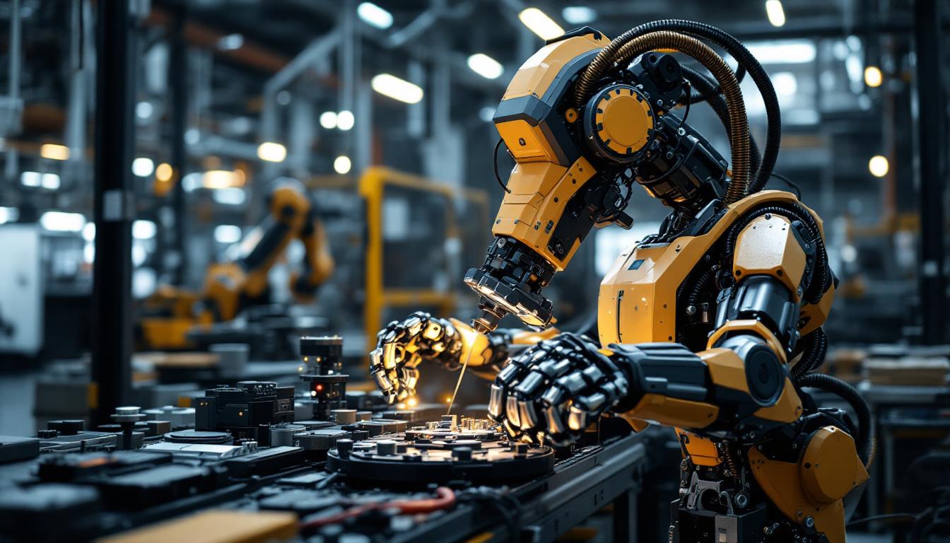 A photograph of a modern assembly robot in action
