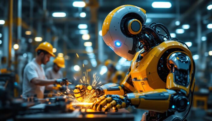 A photograph of a sleek industrial robot in action within a manufacturing setting