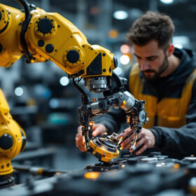 A photograph of a skilled technician programming or operating an industrial robotic arm in a modern manufacturing setting