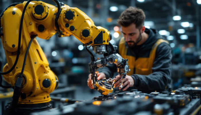 A photograph of a skilled technician programming or operating an industrial robotic arm in a modern manufacturing setting