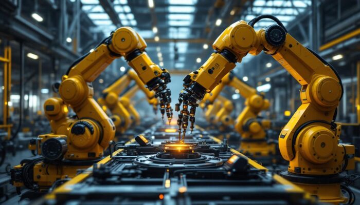 A photograph of a futuristic industrial setting showcasing advanced robotic arms in action