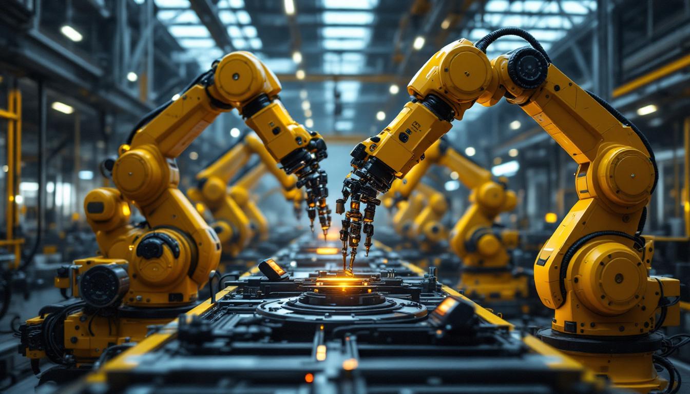 A photograph of a futuristic industrial setting showcasing advanced robotic arms in action