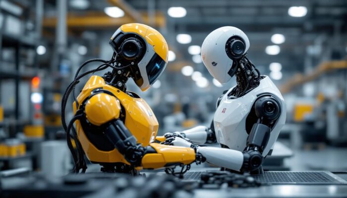A photograph of a sleek a1 robot in action on the factory floor