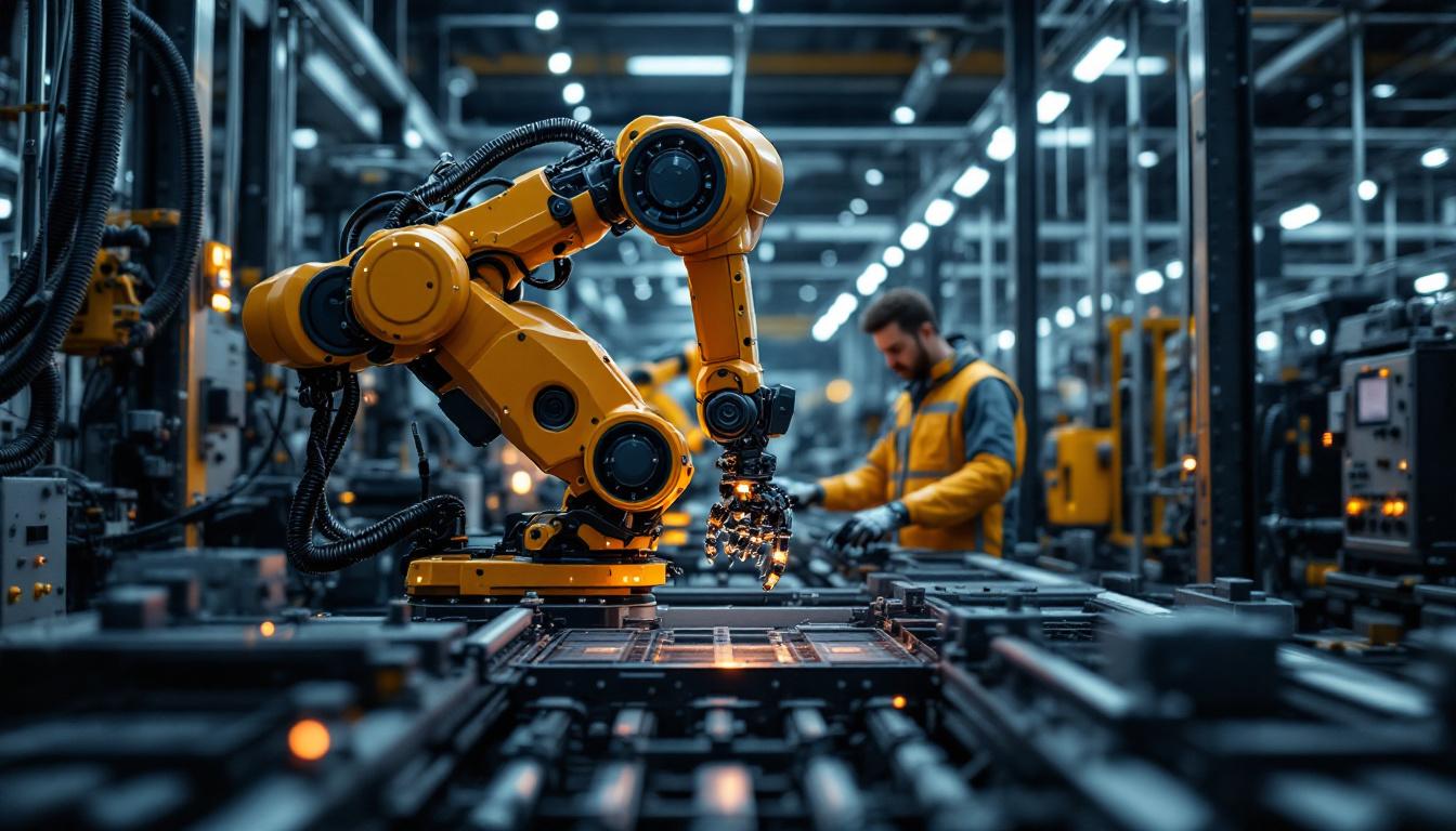 A photograph of a modern industrial robot in action on a factory floor