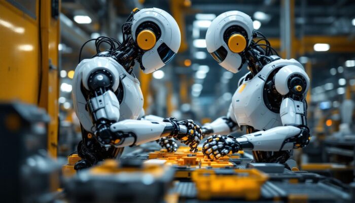 A photograph of a modern industrial robot in action on a factory floor