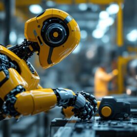 A photograph of a modern industrial robot in action within a manufacturing environment