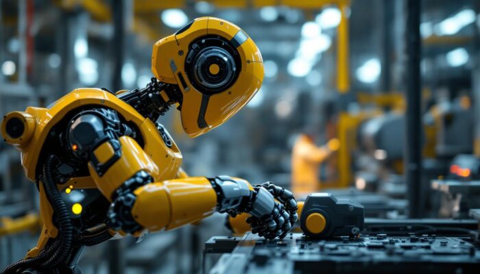 A photograph of a modern industrial robot in action within a manufacturing environment