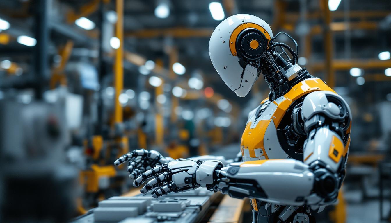 A photograph of a modern industrial robot in action on a factory floor