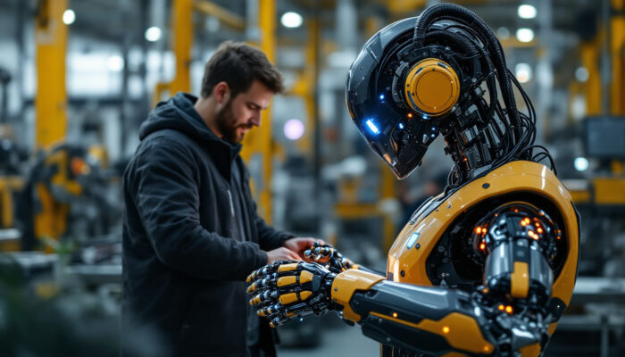 A photograph of a collaborative robot (cobot) working alongside a human in an industrial setting