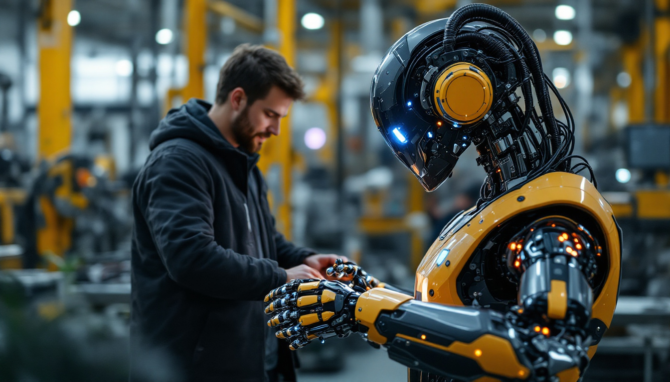 A photograph of a collaborative robot (cobot) working alongside a human in an industrial setting