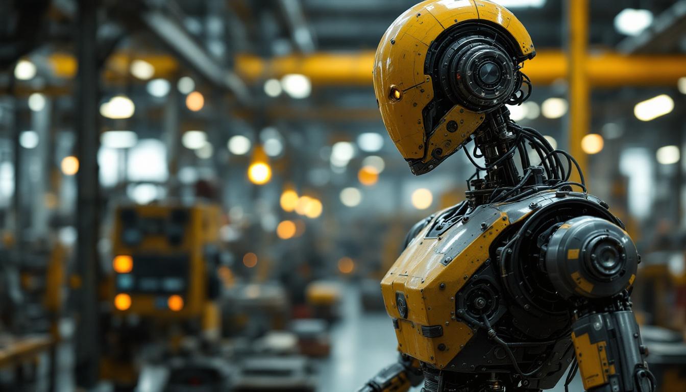 A photograph of a vintage industrial robot in a factory setting