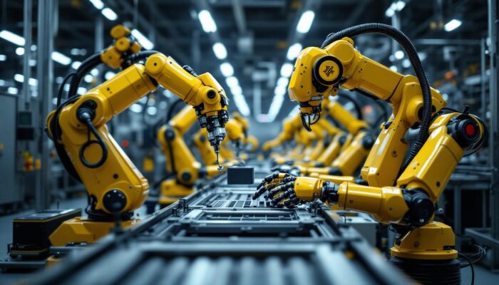 A photograph of a modern assembly line featuring industrial robots in action