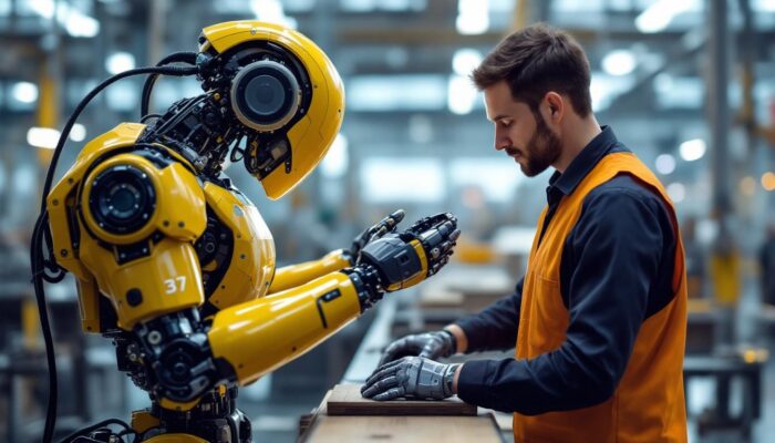 A photograph of a modern industrial robot in action