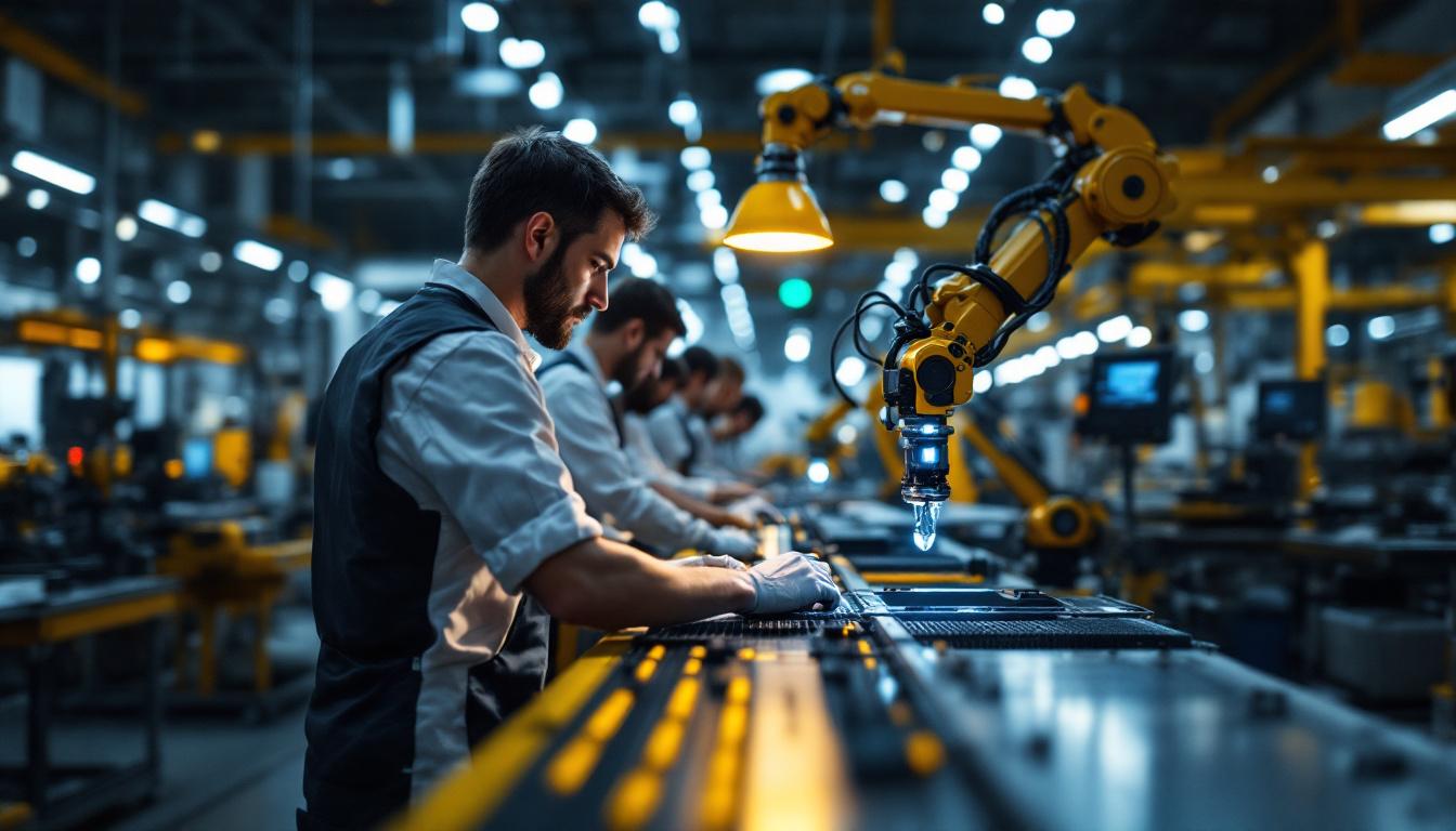 A photograph of a dynamic industrial setting showcasing a robotic arm in action