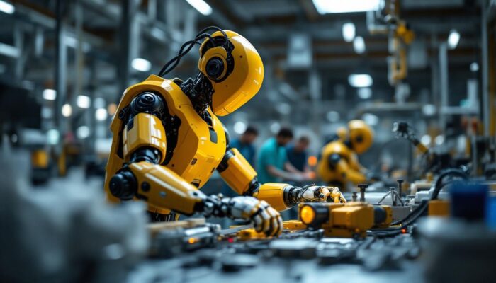 A photograph of a modern industrial robot in action on a factory floor