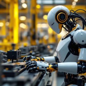 A photograph of a modern industrial robot in action on a factory floor