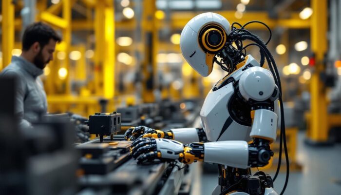 A photograph of a modern industrial robot in action on a factory floor
