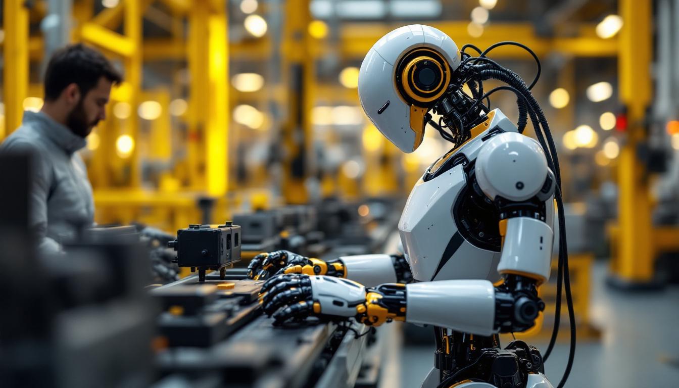 A photograph of a modern industrial robot in action on a factory floor
