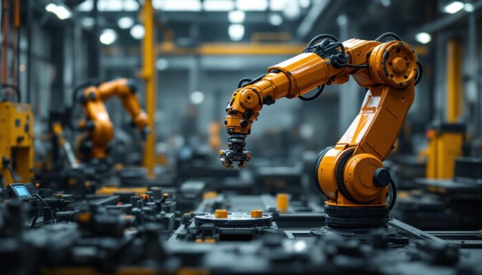 A photograph of a sleek industrial manipulator arm in action