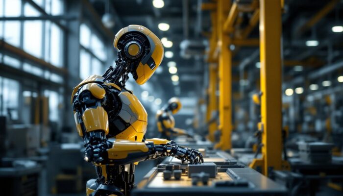 A photograph of a sleek industrial robot in action within a modern manufacturing environment