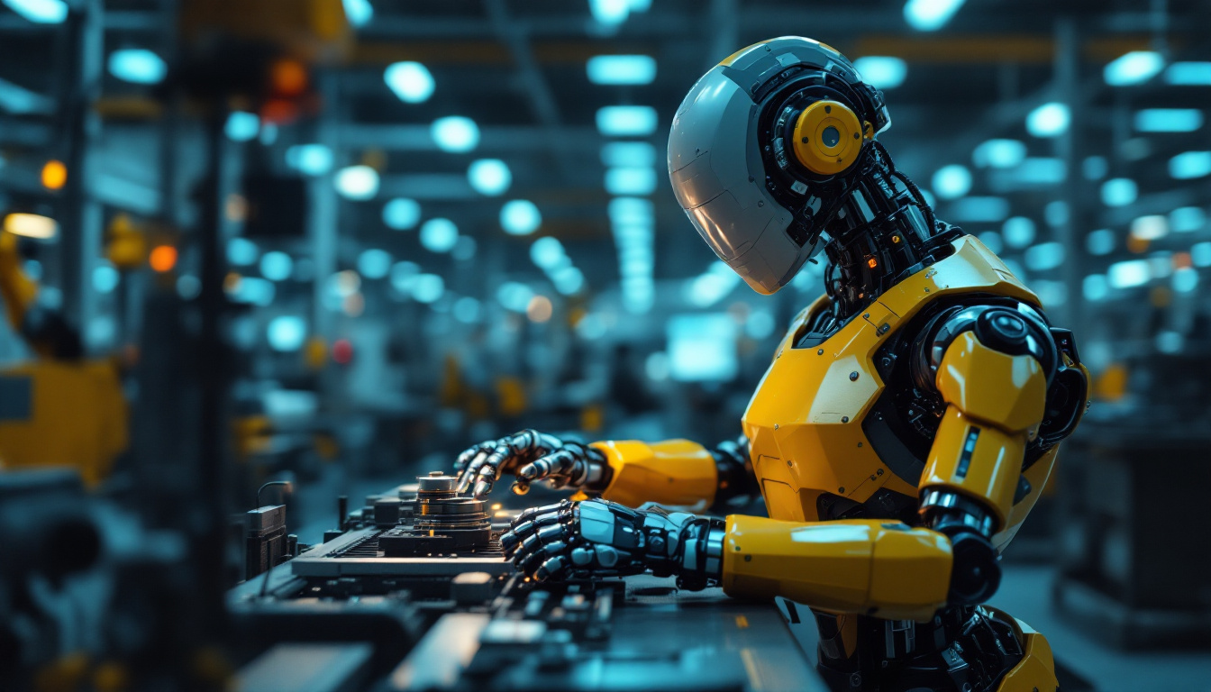 A photograph of a modern industrial robot in action on a factory floor