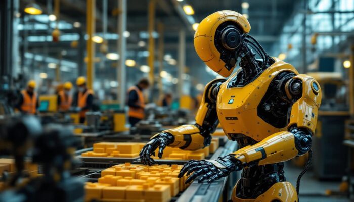 A photograph of a sleek industrial robot in action on a factory floor