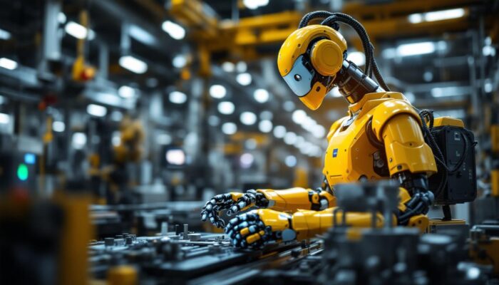 A photograph of a modern industrial robot in action on a factory floor