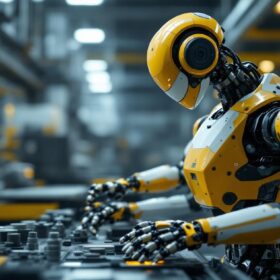 A photograph of a sleek industrial robot in action on a factory floor