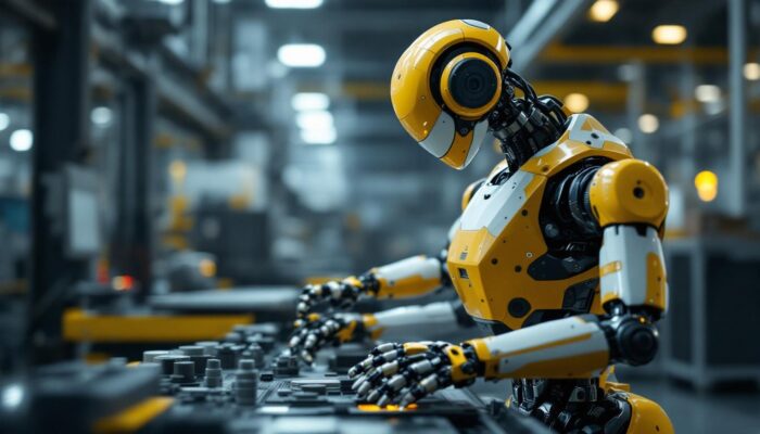 A photograph of a sleek industrial robot in action on a factory floor