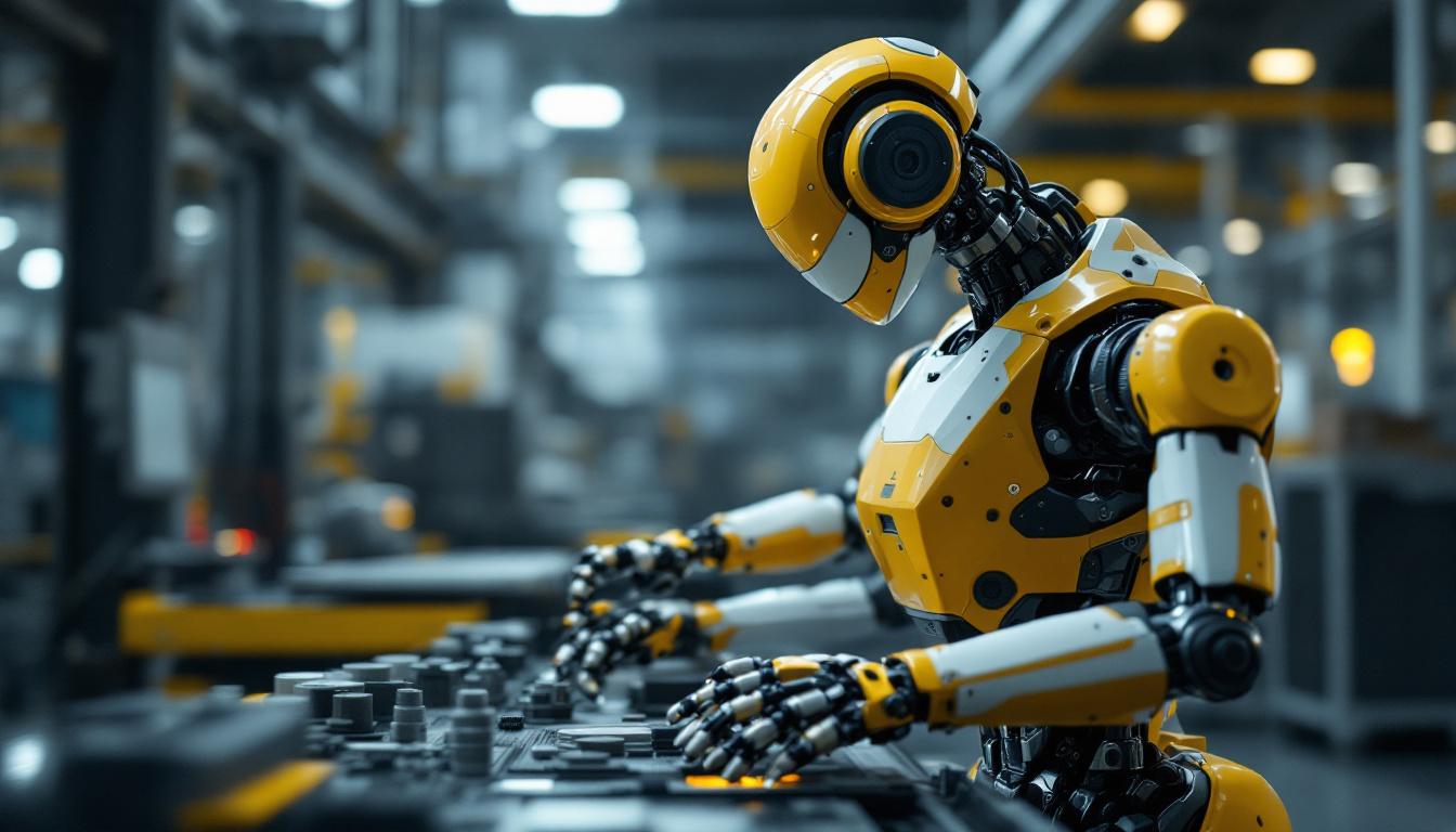 A photograph of a sleek industrial robot in action on a factory floor
