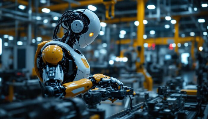 A photograph of a sleek industrial robot in action on a factory floor