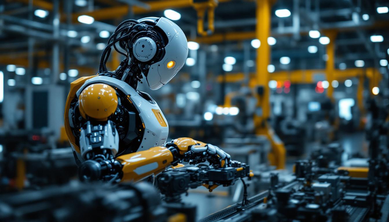 A photograph of a sleek industrial robot in action on a factory floor