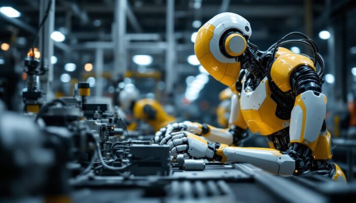 A photograph of a modern industrial robot in action on a factory floor