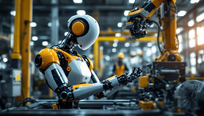 A photograph of a modern industrial robot in action within a manufacturing facility