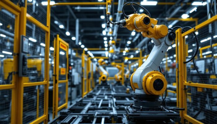 A photograph of a modern industrial robot in action within a factory setting