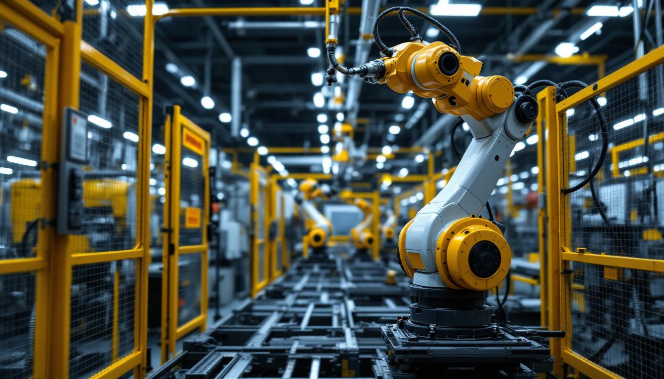 A photograph of a modern industrial robot in action within a factory setting