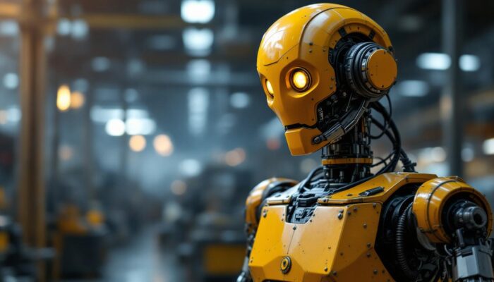A photograph of a vintage industrial robot in a factory setting