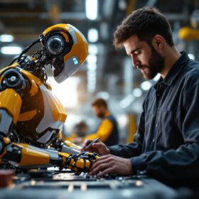 A photograph of a skilled technician programming or assembling a sleek